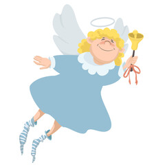 Cute little flying angel with a bell in hand vector illustration