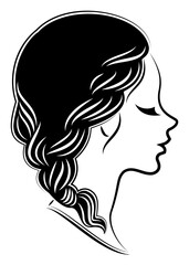Silhouette profile of a cute lady's head. The girl shows the female hairstyle braid on medium and long hair. Suitable for advertising, logo. Vector illustration.