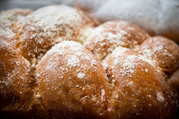 Fresh pastries buns wicker basket rustic style bakery