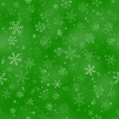 Christmas seamless pattern of snowflakes of different shapes, sizes and transparency, on green background