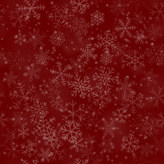 Christmas seamless pattern of snowflakes of different shapes, sizes and transparency, on red background