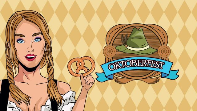 happy oktoberfest celebration animation with sexy girl lifting pretzel