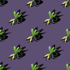 Symmetrical Gouache pattern of olive tree branch with shadow on dark lilac.  Flat lay. Minimal  concept. Minimal isometric food texture. Hand painted botanical illustration