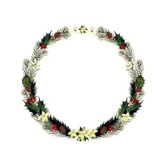 Fototapeta na wymiar Watercolor christmas wreath with flowers, holly leaves, cones, pine branches, berries. Hand drawn illustration