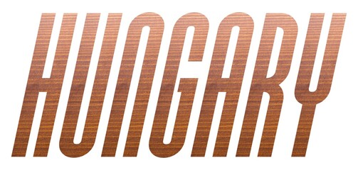 HUNGARY with brown wooden texture on white background.