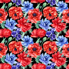 Foto op Canvas Seamless pattern of red poppies and blue anemones flowers on isolated black background, watercolor illustration © Hanna