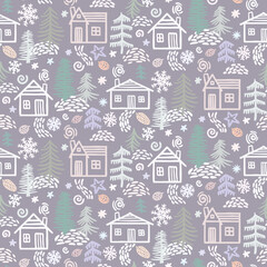 Pattern of hand drawn winter forest elements. Christmas design background. Colors Illustration with houses, winter forest, snowflakes, drifts, pines, trees, cones, berry, bushes, stars.