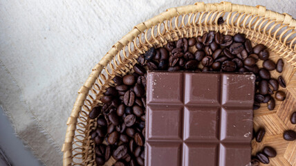 Photo of chocolate bar, coffee beans