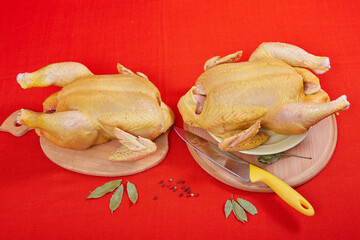 Two raw chicken on red background. © Malsveta