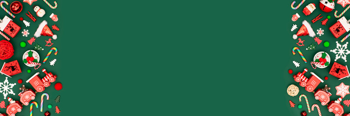 Christmas or New Year green banner with red toys border. Traditional and retro Xmas toys. Bells, Candy canes, snowflakes, steam locomotive, Christmas trees and Santa hat.