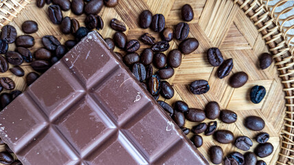 Photo of chocolate bar, coffee beans