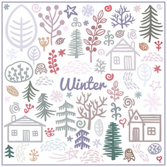 Set of hand drawn winter forest elements. Christmas design. Colors Illustration with houses, winter forest, snowflakes, drifts, pines, trees, cones, berry, bushes, stars. Isolated on white background.