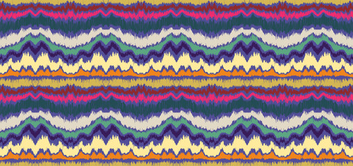 Ikat border. Geometric folk ornament. Ink on clothes. Tribal vector texture. Seamless striped pattern in Aztec style. Ethnic embroidery. Indian, Scandinavian, Gypsy, Mexican, African rug.