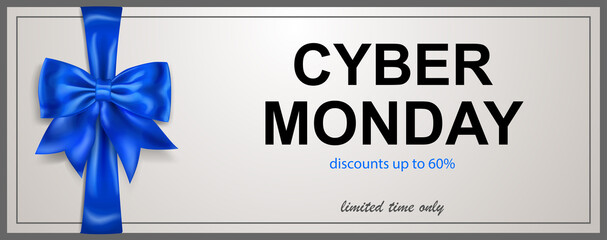 Cyber Monday sale banner with blie bow and ribbons on white background. Vector illustration for posters, flyers or cards.