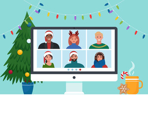 Video conference with people group in winter costumes, meeting online. Friends talking on video. Computer screen, Christmas tree, cup with candy, Flat vector illustration.
