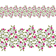 Floral seamless border, branches with leaves and bright magenta flowers on white. Vector illustration, design for poster, banner, invitation, book, fashion fabric, wrapping.