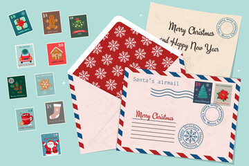 Fototapeta premium Christmas envelope, postage stamps and letter. Vector isolated illustration, template for greeting card, poster, banner or other
