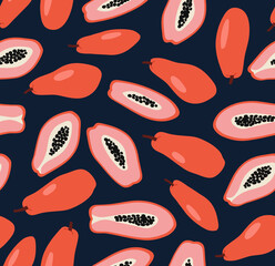 Seamless pattern of red papaya and half of pink papaya background elements on blue background. Colorful background texture for textile, fabric, paper. Vegan food illustration. Tropical fruit pattern.
