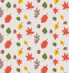 Autumn leaves seamless pattern. Vector fall yellow and orange leaves and acorns seamless pattern