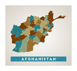 Afghanistan map. Country poster with regions. Old grunge texture. Shape of Afghanistan with country name. Awesome vector illustration.