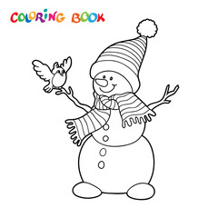 Coloring book. Cute snowman with bird.