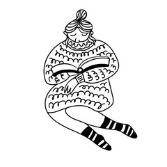 Relaxed woman sitting and reading paper book Isolated on white. Cute vector hand drawn black outline doodle illustration. Stay Home, work at home freelance. Quarantine positive doodle people. .