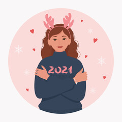 Happy woman with deer antlers hat in sweatshirt with the inscription 2021. People in warm, winter, Christmas clothes concept. Cute vector illustration