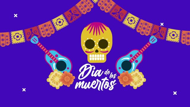 dia de los muertos lettering celebration with skull and garlands