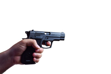 Male hand holding a horizontal combat black pistol on a white background under clipping