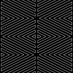 Obraz premium White broken lines contours on black background. Seamless surface pattern design with linear ornament. Curves wallpaper. Angle brackets motif. Digital paper with chevrons. Striped vector illustration.