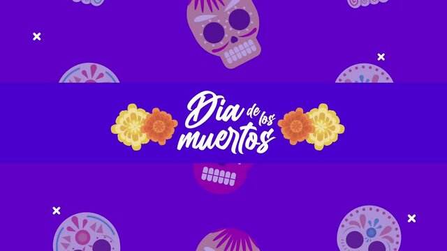 dia de los muertos lettering celebration with flowers and skulls pattern