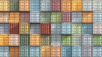 Stack of shipping containers. Front view. Colorful cargo boxes. Dockyard, industrial port. 3d rendering.