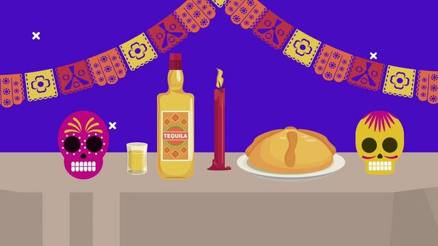 dia de los muertos celebration with tequila and sweet pie