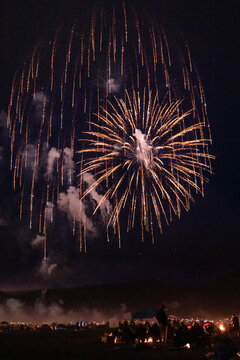large fireworks display over a crowd of anonymous people