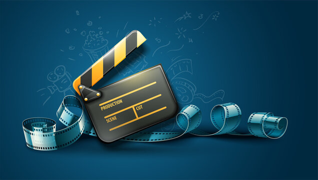 Online cinema art movie poster design with clapper and film-strip reel tape. Cinematography concept. Illustration.
