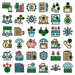 Subsidy icons set. Outline set of subsidy vector icons thin line color flat on white