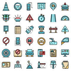 Driving school icons set. Outline set of driving school vector icons thin line color flat on white