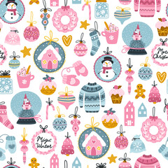 Christmas seamless pattern. Festive items, toys, and funny characters. Vector illustration in childish hand-drawn Scandinavian style. Limited pastel palette on dark background ideal for printing