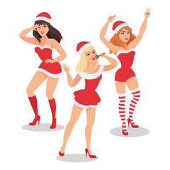 Santa girls characters set. The blonde sings, the brunette and the redhead dance. Vector illustration, character design. Isolated on white background
