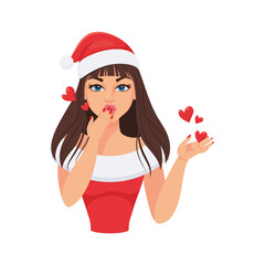 Santa girl brunette sends an air kiss. Vector illustration, character design, sticker isolated on white background