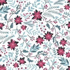 Fotobehang Christmas winter floral seamless pattern. Vector illustration in a childish hand-drawn Scandinavian style. The pastel palette is ideal for printing packaging, fabrics, textiles. © Світлана Харчук