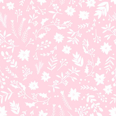 Fototapeta na wymiar Christmas winter floral seamless pattern. Vector illustration in a childish hand-drawn Scandinavian style. The pastel palette is ideal for printing packaging, fabrics, textiles.
