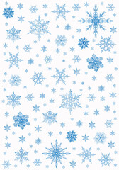 Snow background. Blue Christmas snowfall with defocused flakes. Winter concept with falling snow. Holiday texture and blue snowflakes.