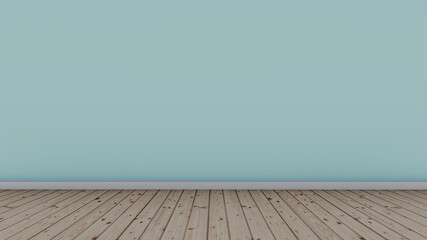 basic blank interior scene with soft turquoise wall. Wood floor texture. Empty room.