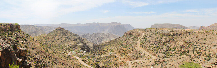 Panorama of Mountains in Oman, Muscat. Green Mountain. Jebel Akdar. No people.