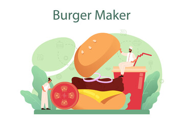 Fast food, burger house concept. Chef cook tasty hamburger