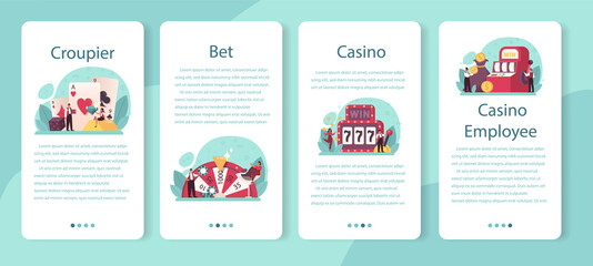 Croupier mobile application banner set. Dealer in casino near