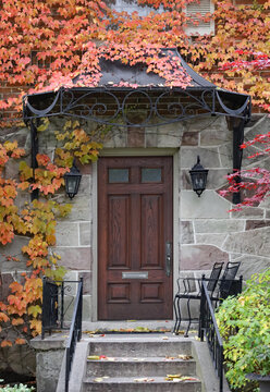 Elegant wood grain front door surrounded by ivy in fall colors