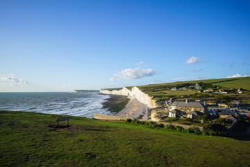 Seven Sisters White Cliffs and Birling Gap Beach by the English Channel in East Sussex, UK