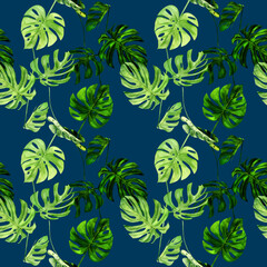 Watercolor illustration seamless pattern of tropical leaf monstera. Perfect as background texture, wrapping paper, textile or wallpaper design. Hand drawn